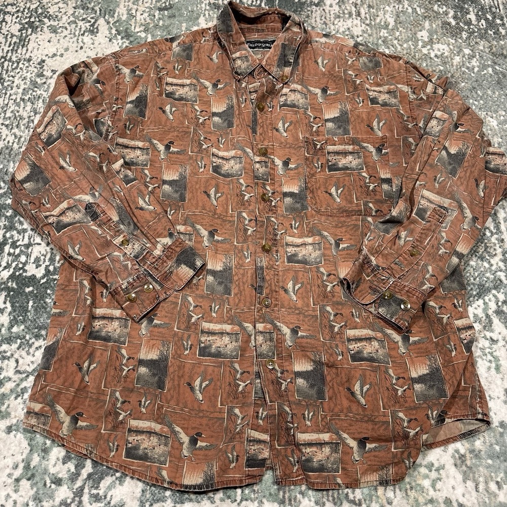 Vintage Field And Stream Button Up Shirt Distressed XL Duck Hunting Rust